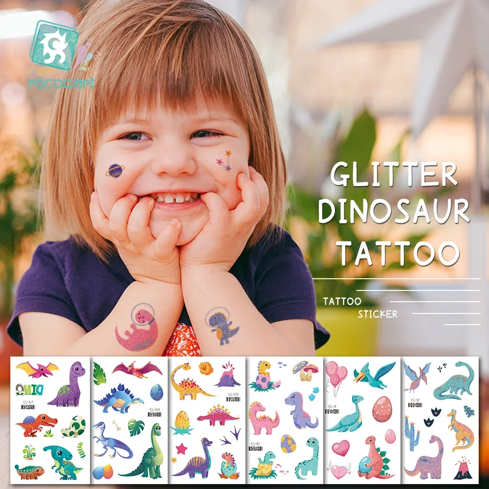 Glitter Dinosaur Tattoo Stickers para Crianças, Tatuagem Temporária Impermeável, DIY Fake Tatto, Crianças Body Art, Mão e Rosto