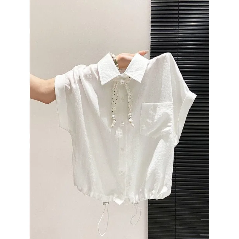 Women's Polka Dot Ribbon Short Sleeve Shirt Drawstring Waist Loose Casual Cropped Blouse