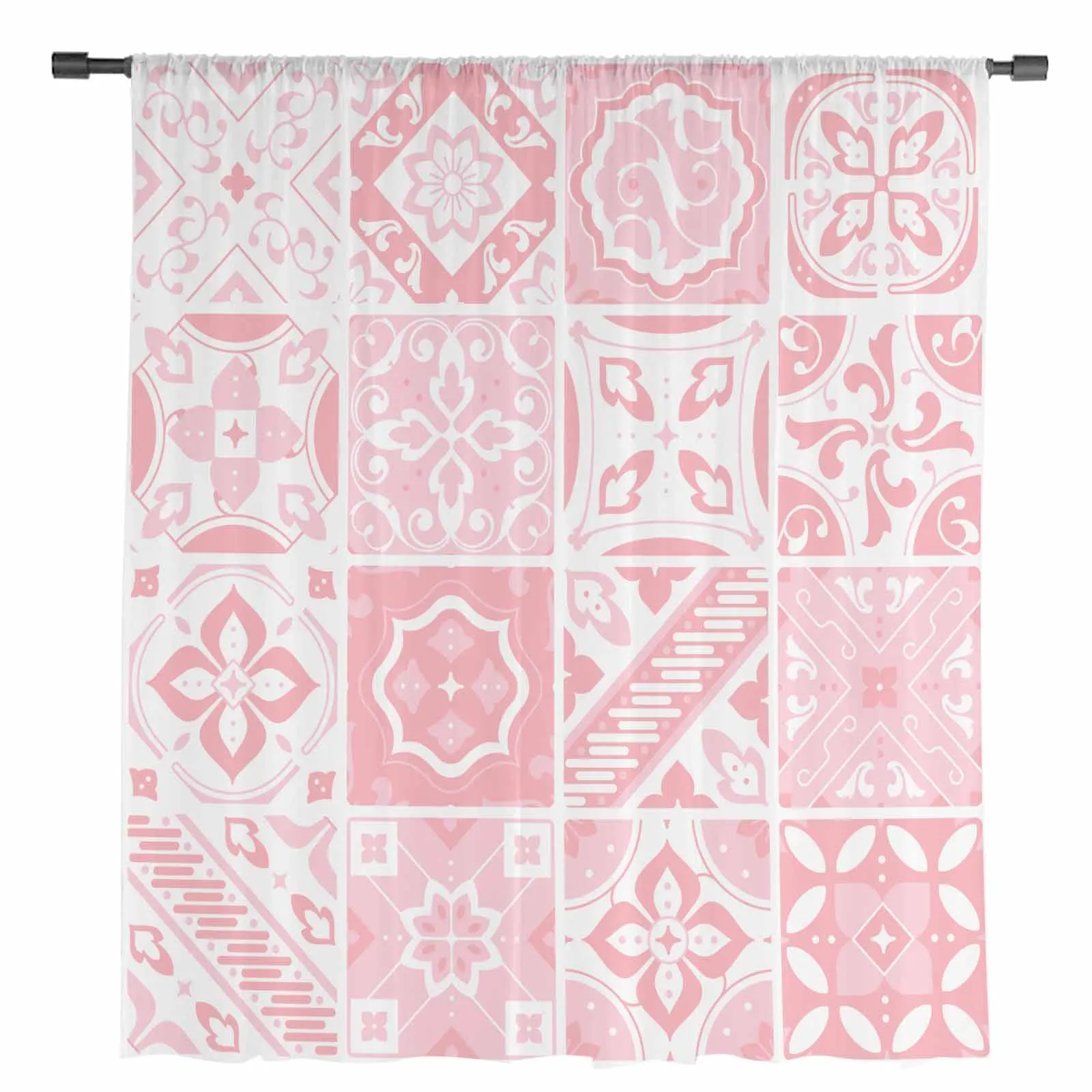 Ceramic Tiles Bohemian Floral Pink Sheer Curtains for Living Room Decoration Window Curtains Kitchen Tulle Voile Curtains