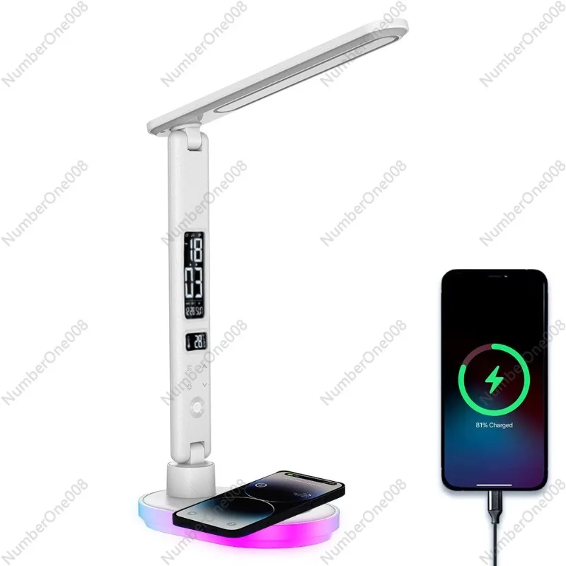 

Настольная лампа с беспроводной быстрой зарядкой для телефонов, семицветная окружающая лампа RGB, дисплей будильника, портативный ночник