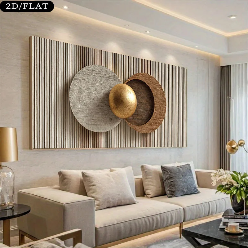 2D Flat Frameless Canvas Art  Modern Abstract Minimalist Design with a Golden Sphere Set Against a Wooden Backdrop, Suitable for