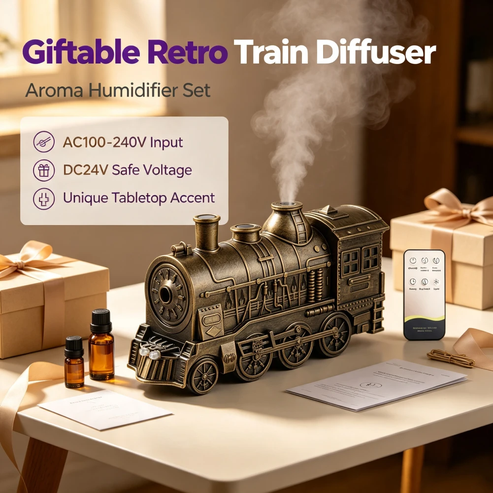 300ML Vintage Steam Train Cool Mist Humidifier with 2-Color LED Light/2 Mist Modes Aromatherapy Diffuser for Home Decor & Gifts