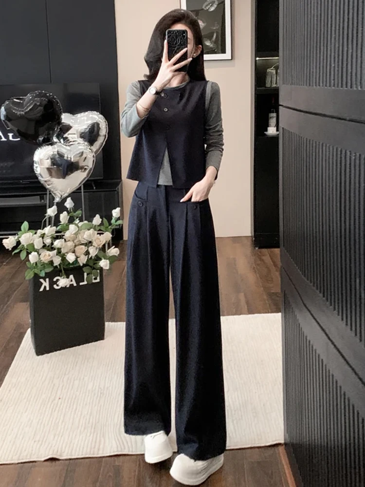 

Модный повседневный женский комплект: жилет, футболка и брюки с широкими штанинами. Новинка весна-осень. Дышащий, средней толщины, без меха.