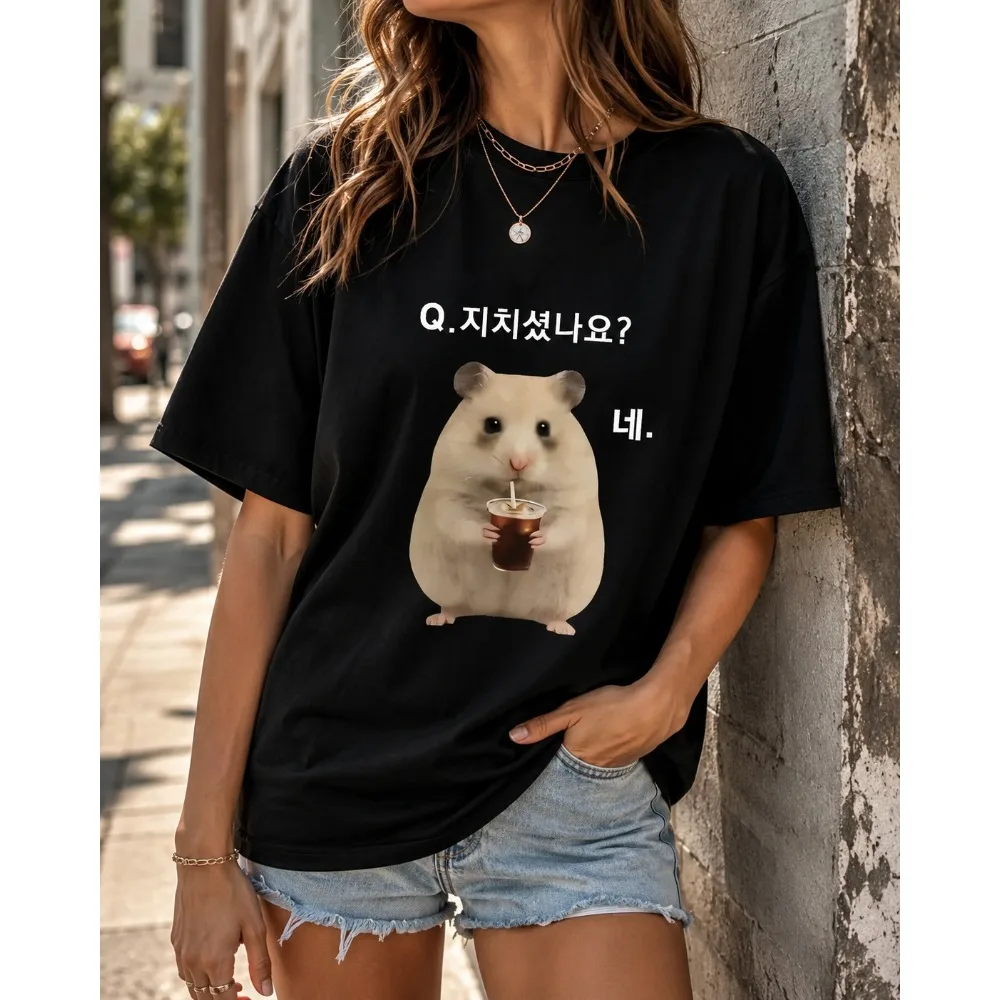 T-shirt pour femmes, style drama coréen, motif hamster mignon, Q Did You Feel It Too, mode K-Drama, Harajuku Kawaii, vêtements Y2K, tendance