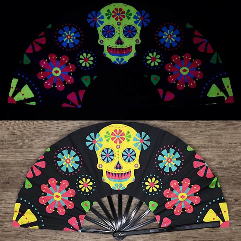 Halloween Skull Glow Fluorescent Folding Fan Party Dance Fan Stage Performance Hand Fan Glow For Cosplay Festivals Parties