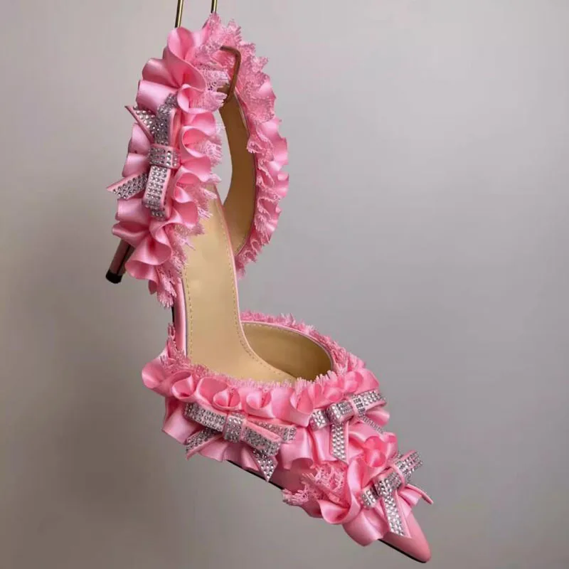 French Style Sweet Ruffles with Crystal Bowtie High Heels Lolita Pumps Pointed Toe Slingbacks Banquet Shoes Woman