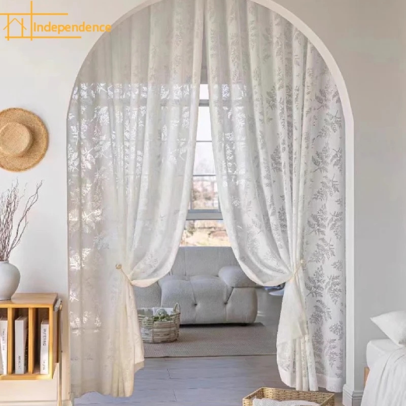 

New Fern Leaf Jacquard White Gauze Curtains for Living Room Bedroom French Window Balcony Bay Window American Pastoral Lace