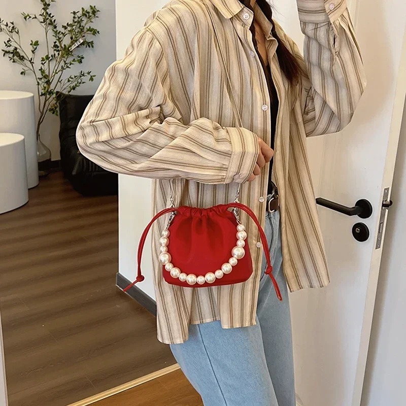 

Spring New PU Chain Crossbody Bag 2025 Hot Selling High Quality Beaded Versatile Fashion Drawstring Shoulder Bag Handbag