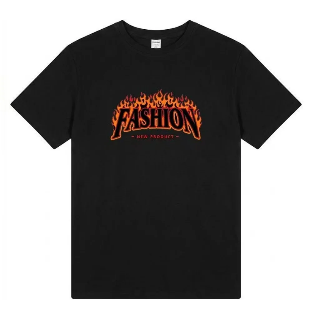 230 grams pure cotton short-sleeved T-shirt with flame lettering print, trendy round-neck, versatile and stylish short-sleeved