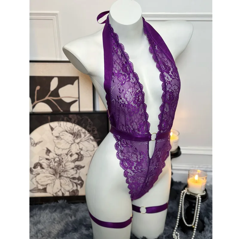 

Women Purple Sexy Lingerie Bodysuit Lace Deep V Open Back Lace One Piece Underwear Hollow Exotic Costume Naked Erotic lingerie