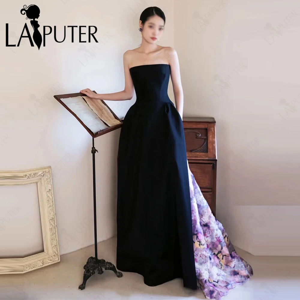 Black Satin Evening Dresses with Floral Organza Train Strapless Neck Party Celebrity Dress A line Decent Lady Prom Gown