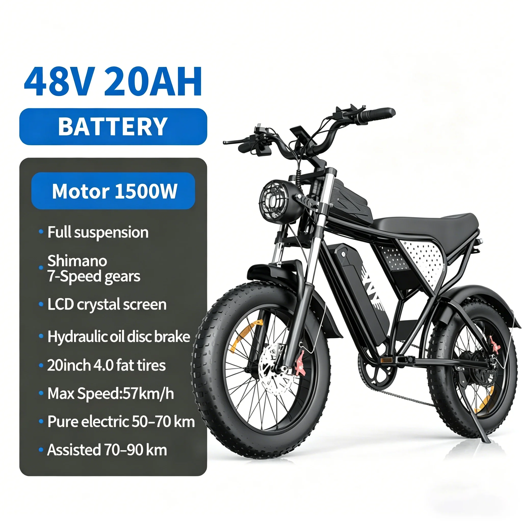 New Off-Road Electric Bike 2000W motor 52V40AH lithium battery 20 inch Tire 60km/h E-bike Mountain Snow riding Electric bicycle image 3