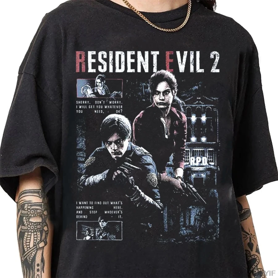 Resident Evil 2 Leon Claire Rpd Station Acid Wash Oversized Cotton T Shirt 2026 Horror Game Graphic Tee for Men Women