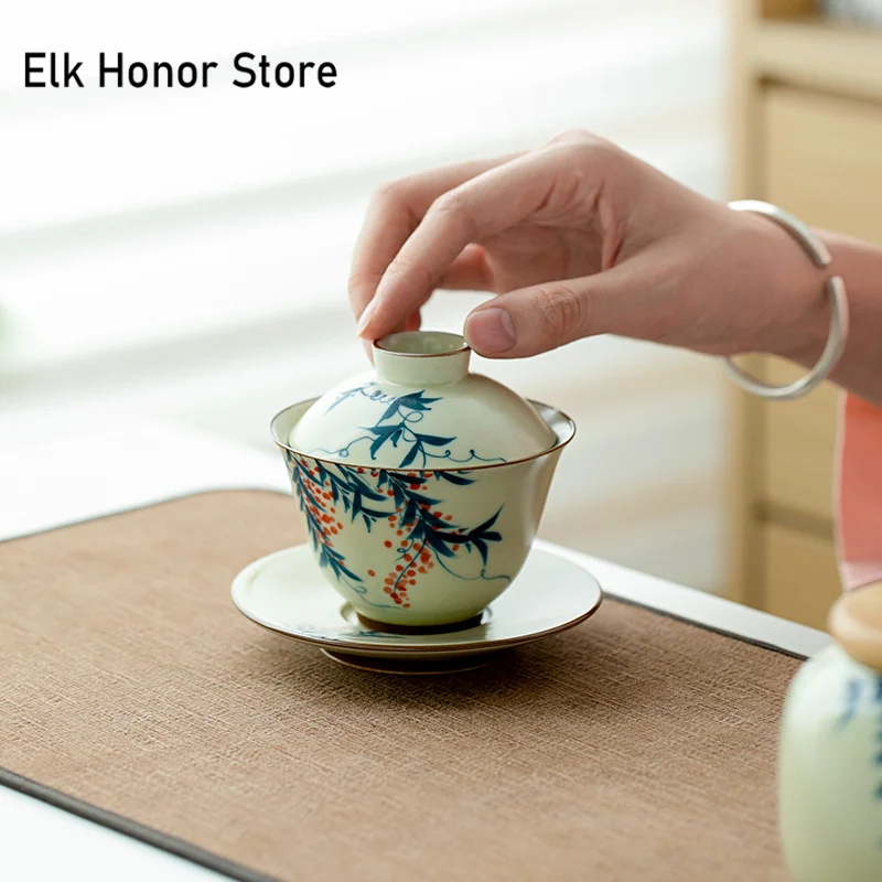 130ml Hand-paintd Wistria Flower Gaiwan Handmade Wheat-straw Yllow Ru Kiln Tea Tureen Tea Brewing Cover Bowl Tea Items Craft