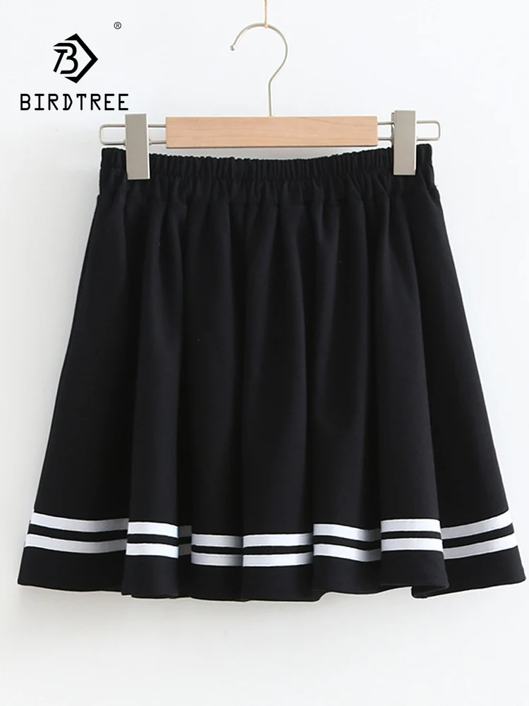 새로운 2026 봄 코튼 스커트, 여성용 신축성 있는 허리 스트라이프 주름 패치워크, 모리 걸 네이비 일본 스타일 루즈 숏 스커트 B5D684CC