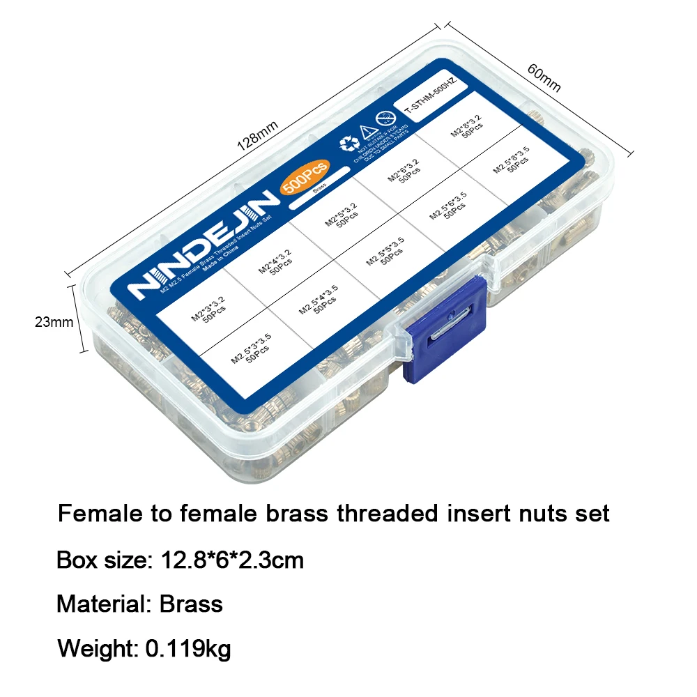 NINDEJIN 450/500pcs Brass Insert Nuts Kit Female Threaded Insert Set Knurled Nuts Assortment Kit