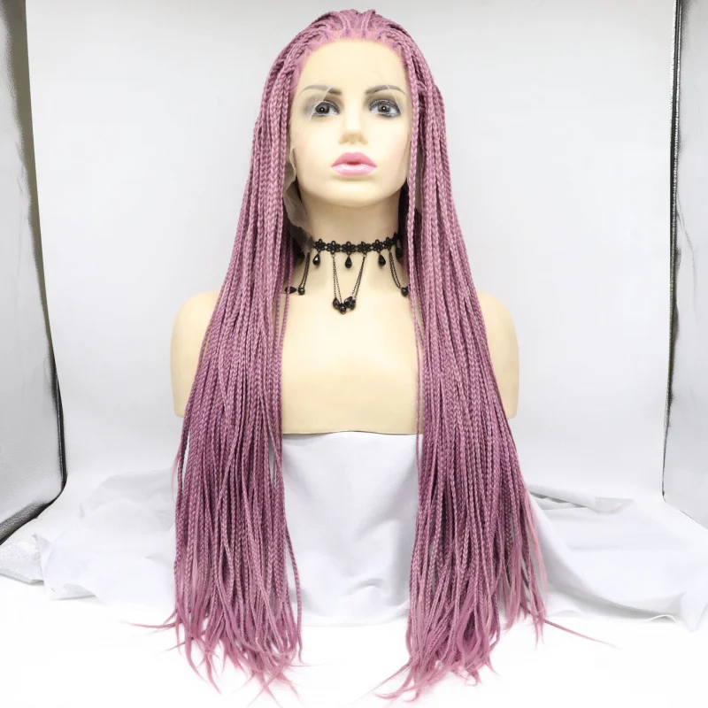 

-woven rose pink three-strand dreadlock wig, hand-knitted front lace matte high-temperature synthetic hair cap