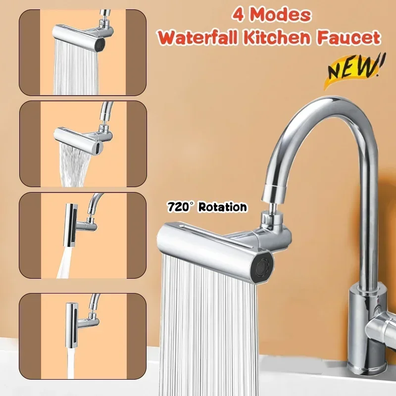 Real Waterfall Kitchen Faucet Extension Adapter 720° Swivel 4 Mode Multifunctional Waterfall Pressurized Bubbler Sprayer Tap Fit