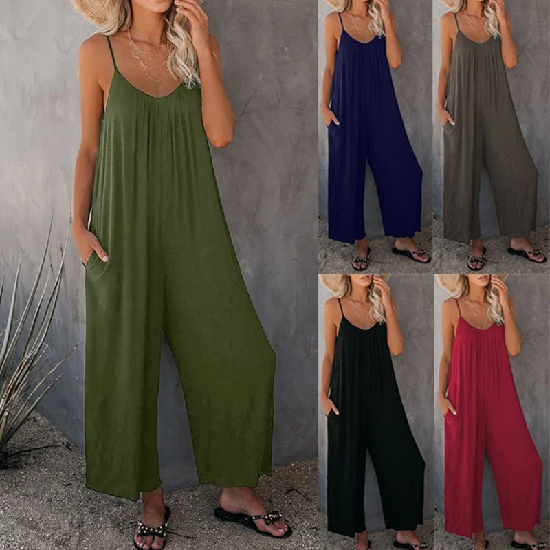 

Women's Jumpsuit 2024 Summer Solid V-Neck Sleeveless With Pocket Loose Casual Suspender Wide-Leg Trousers Female Retro Bodysuit