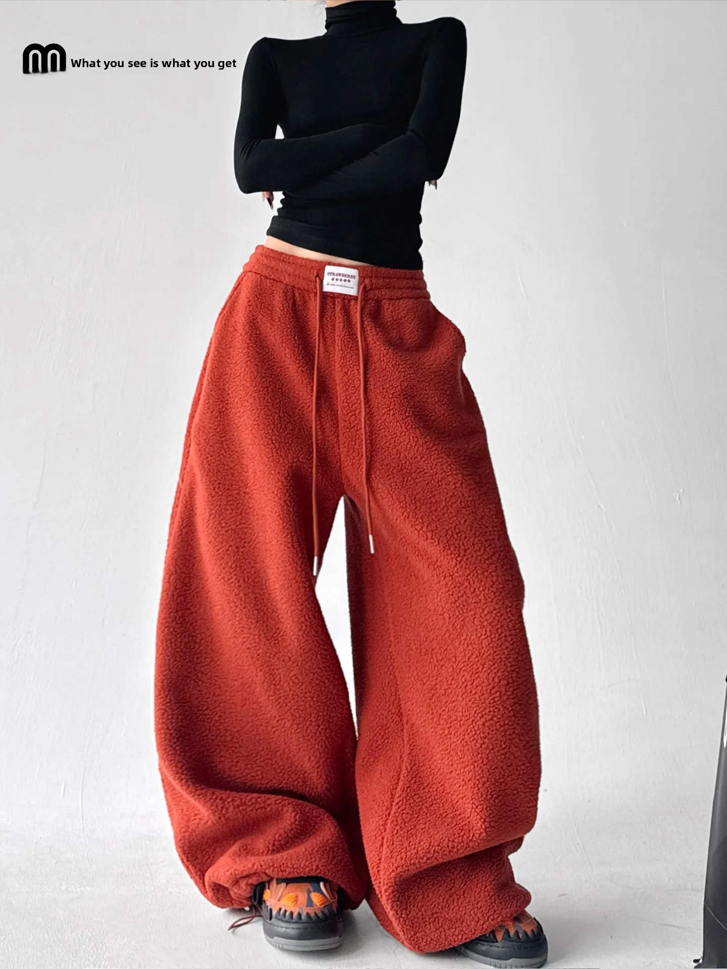 

Winter New Sle Soft Fluffy Fce Dstring Casual Straight Leg Pants Versatile Slimming High Waist Polyester Fiber Ladies