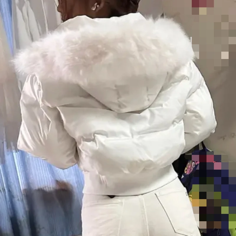 

2025 Korean short sweet thickened cotton jacket pink fur collar hoodie for women winter new style warm waist slimming trend