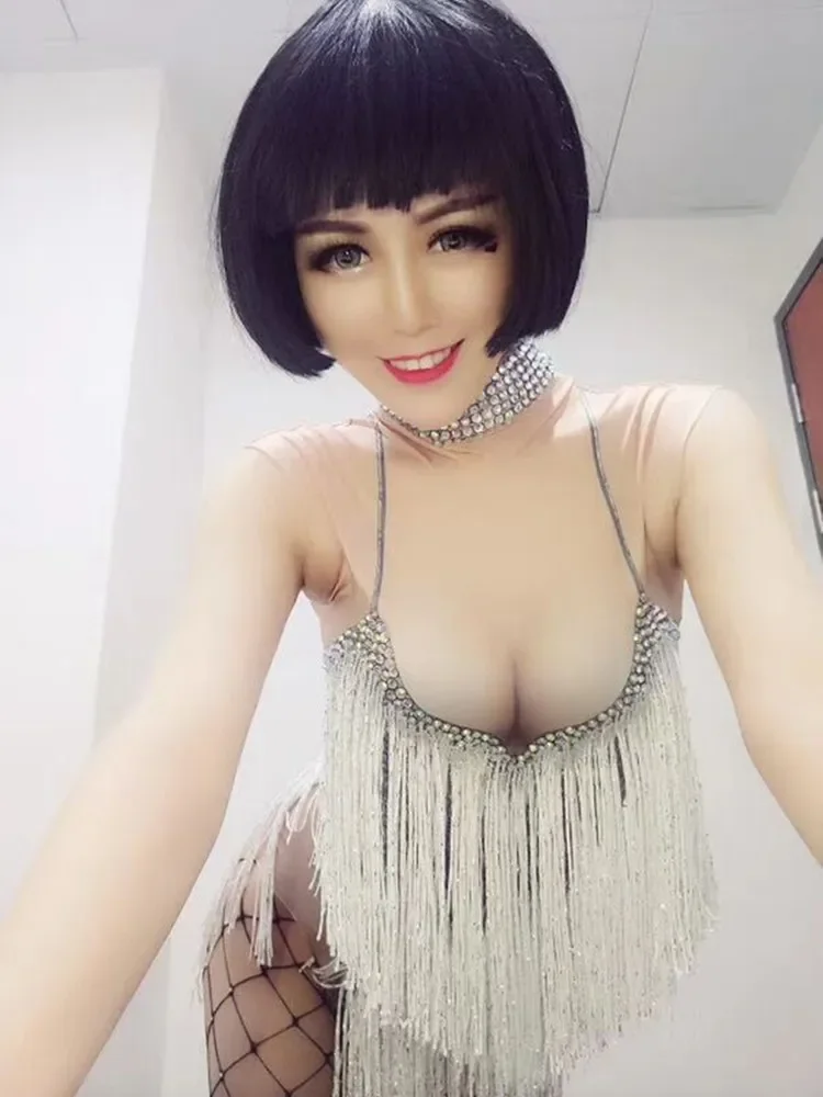 Strass scintillants blanc gland body Sexy discothèque Bar DJ danseur pôle danse Costume Performance frange justaucorps