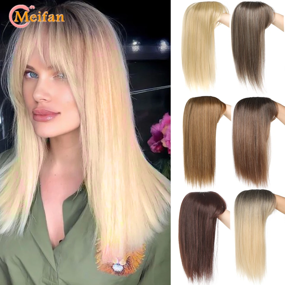 

MEIFAN Long Straight Hair Toppers Clip Hair Extensions Synthetic Hair Topper Natural Black Brown 3-Clip with Bang Fake Hairpiere