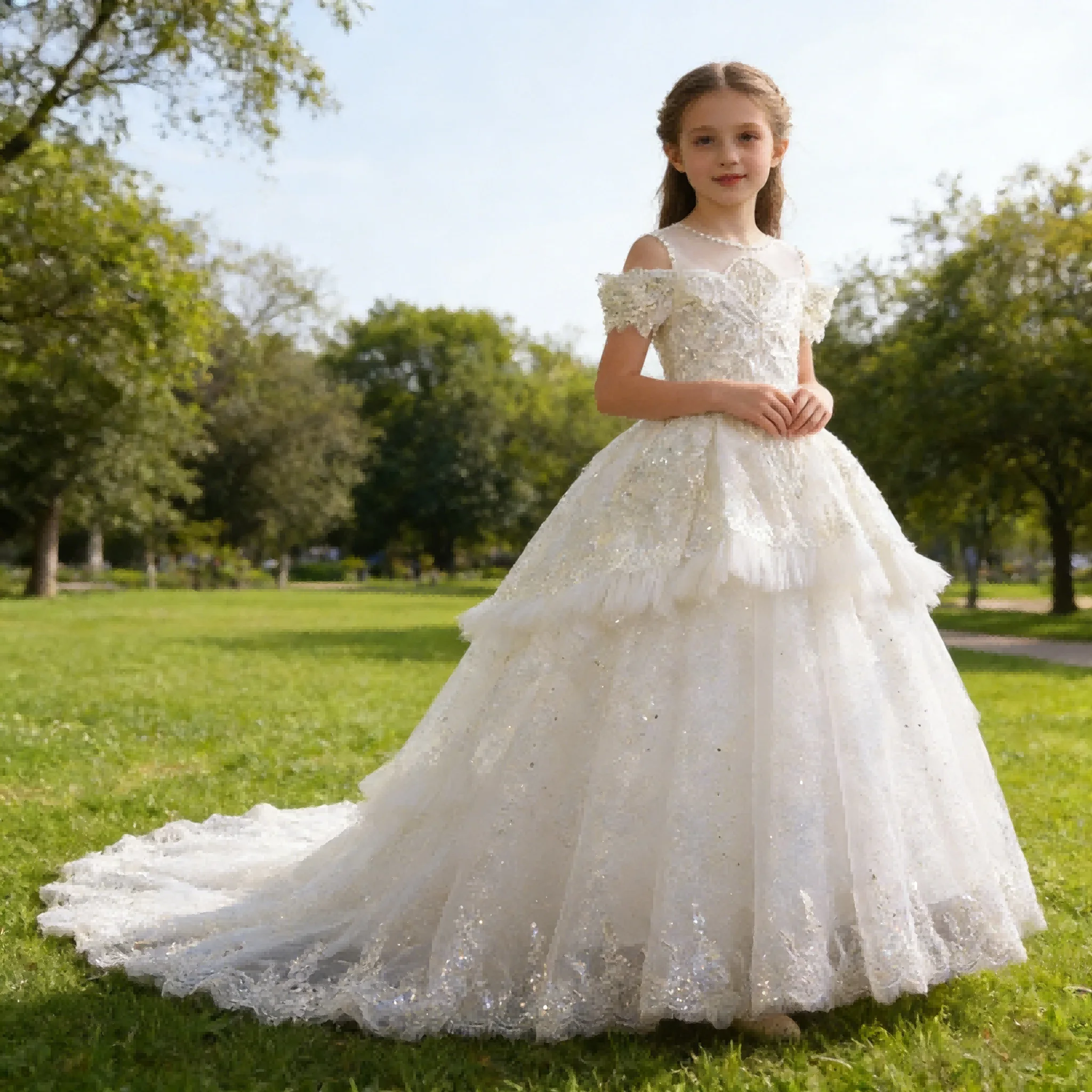 Girls White Princess Birthday Party Dress Pageant Gown for FlowerChildren Outfit Formal Evening Girl Wedding Performance Party