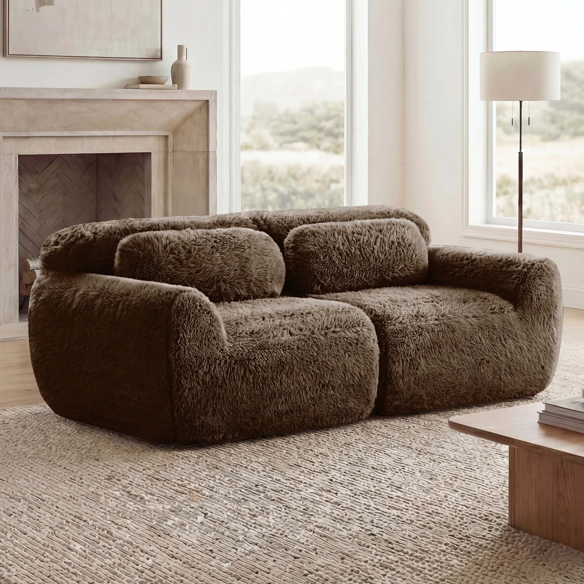 2-seater Modular Sectional Sofa Couches,Soft Fluffy Plush Fabric Bottom Anti-Slip Design,32D High Density Sponge,No Assembly Required Ergonomic Design,With Throw Pillows Fits Living Rooms,Chocolate