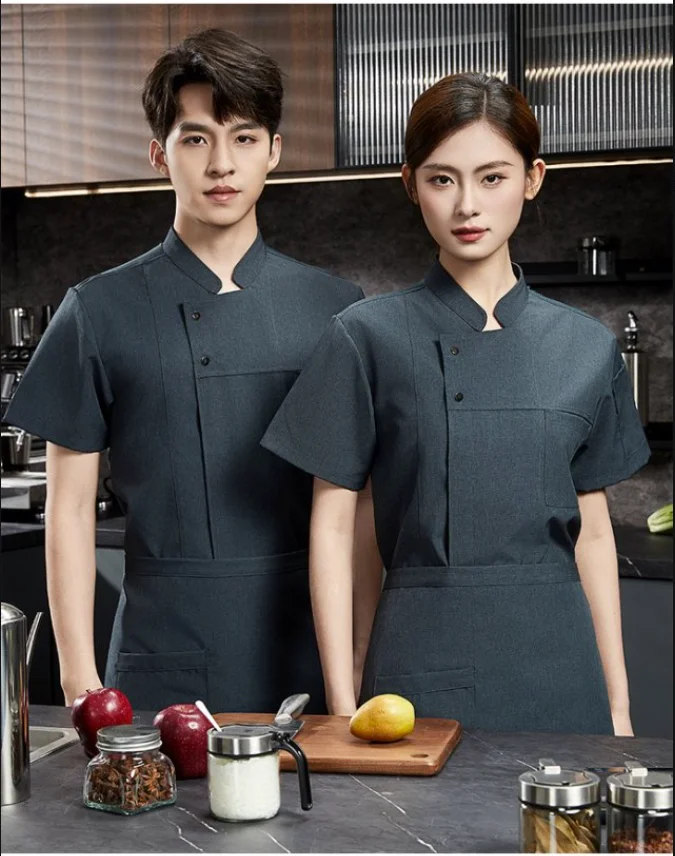 Breathable Chef shorts Summer short sleeve Chef coat Men Kitchen black uniform apron Restaurant Chef Jacket work clothes logo