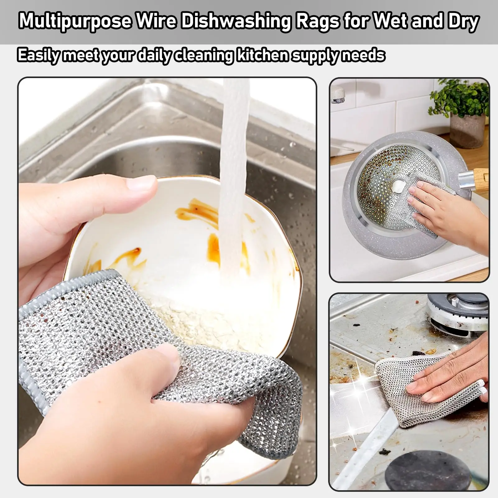 5-20Pack Multipurpose Steel Wire Dishwashing Cloth - Highly Efficient Dual-Use Wet & Dry Cleaning Rags, Durable Mesh Scrubber for Heavy Duty Oil & Grease Removal