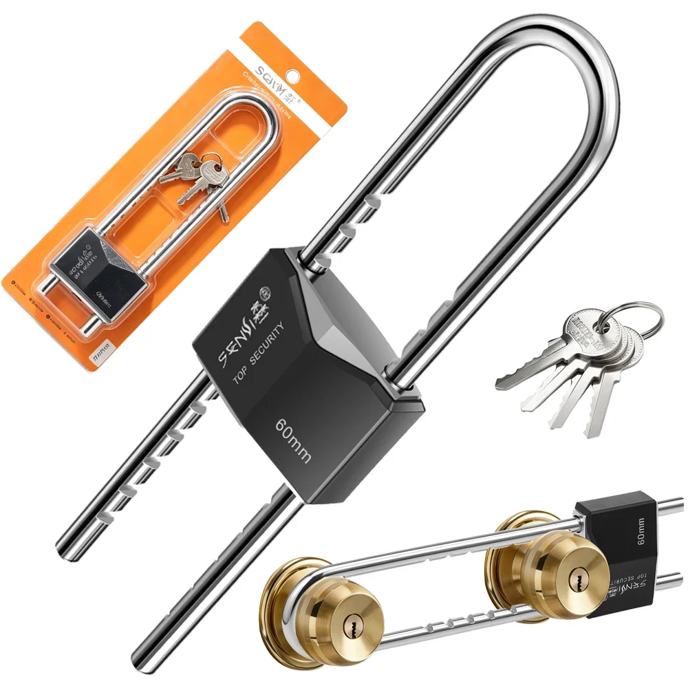 French Door Lock Double Security Barricade Adjustable Sliding Handle Lockout Device Patio Gate Heavy Duty For Barn Fridge Keys