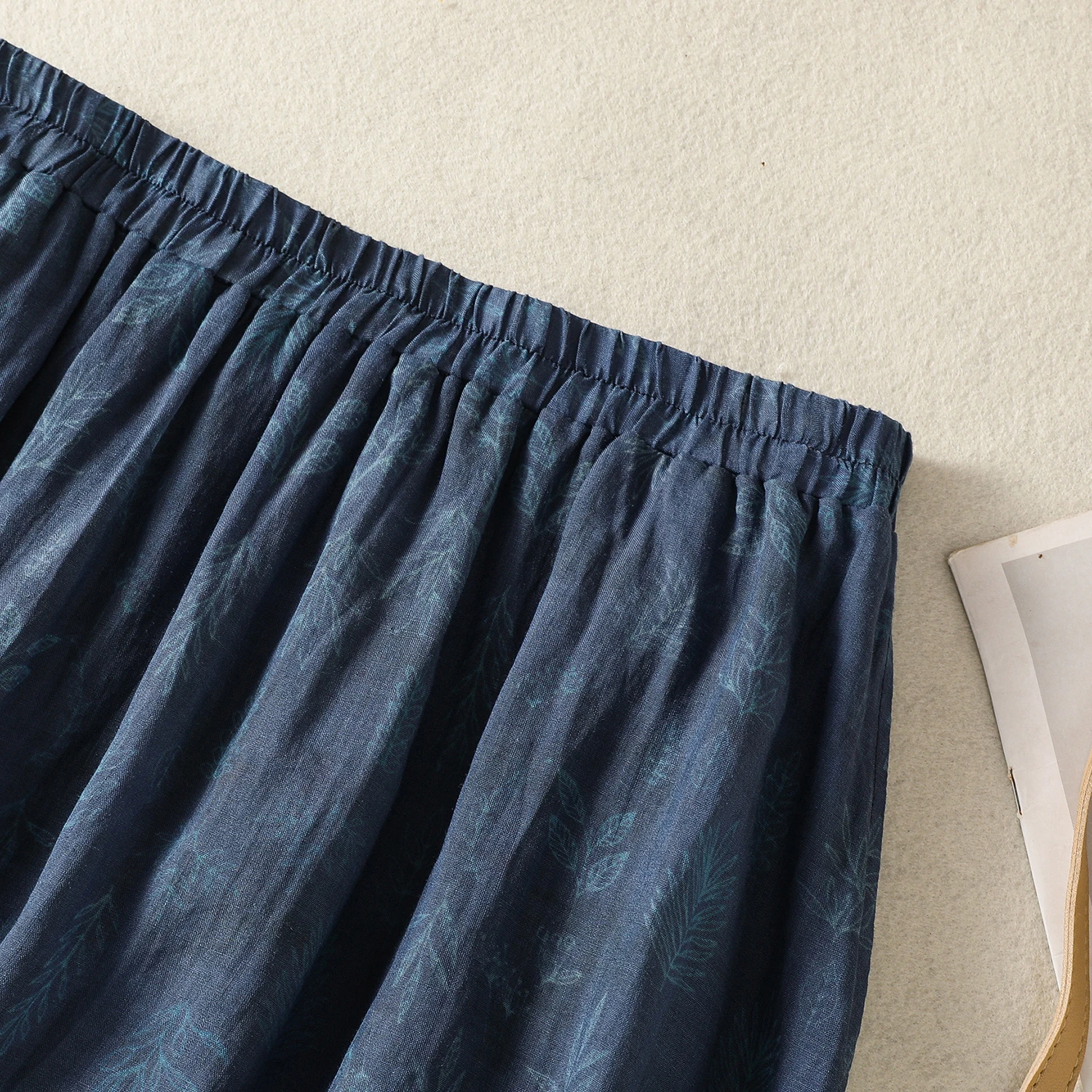 Ele Cotton Linen Print A-Line Skirt Women's Artistic Loose Waist Spring Summer New Sle f-length Skirt Casual Sle