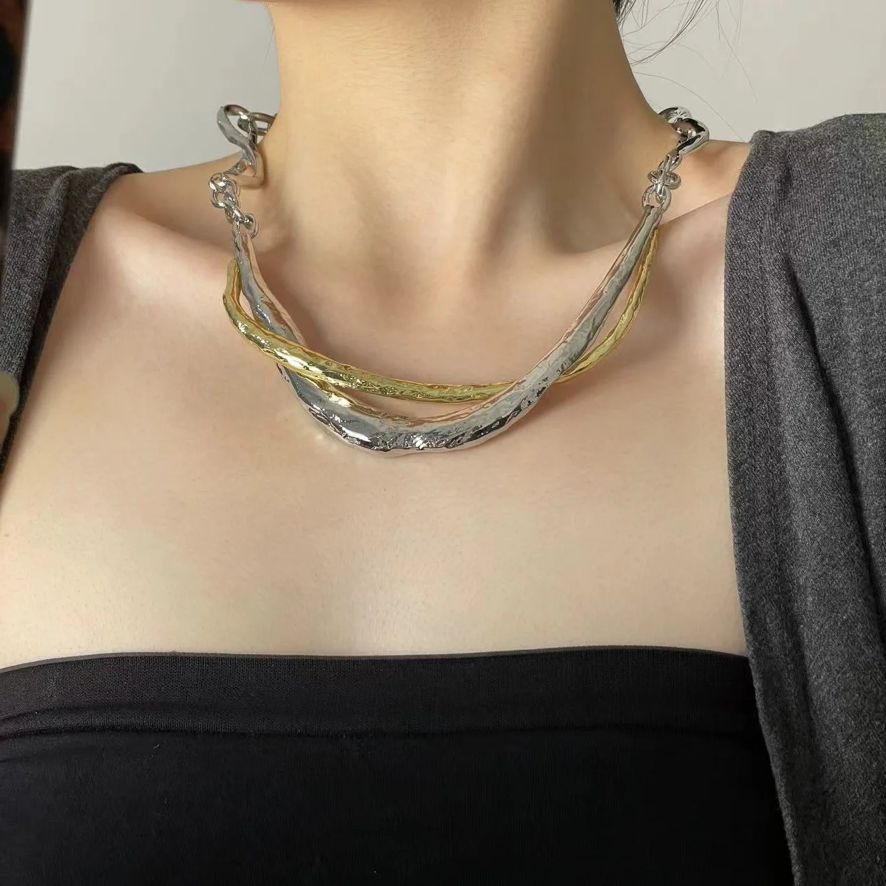Retro Gold-plated Short Chunky Necklace for Women Big Luxury Girls Thick Chain Splicing Metal Choker Jewelry Collares Para Mujer