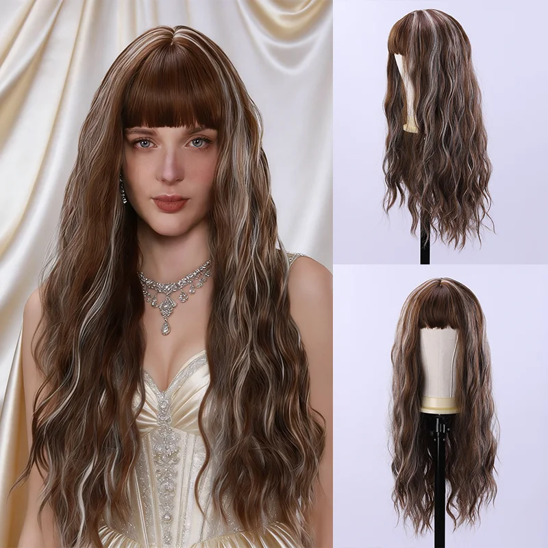 

29 inch hand dyed piano colored wavy long curly synthetic wig, women's bangs style, natural light colored wig that can be styled