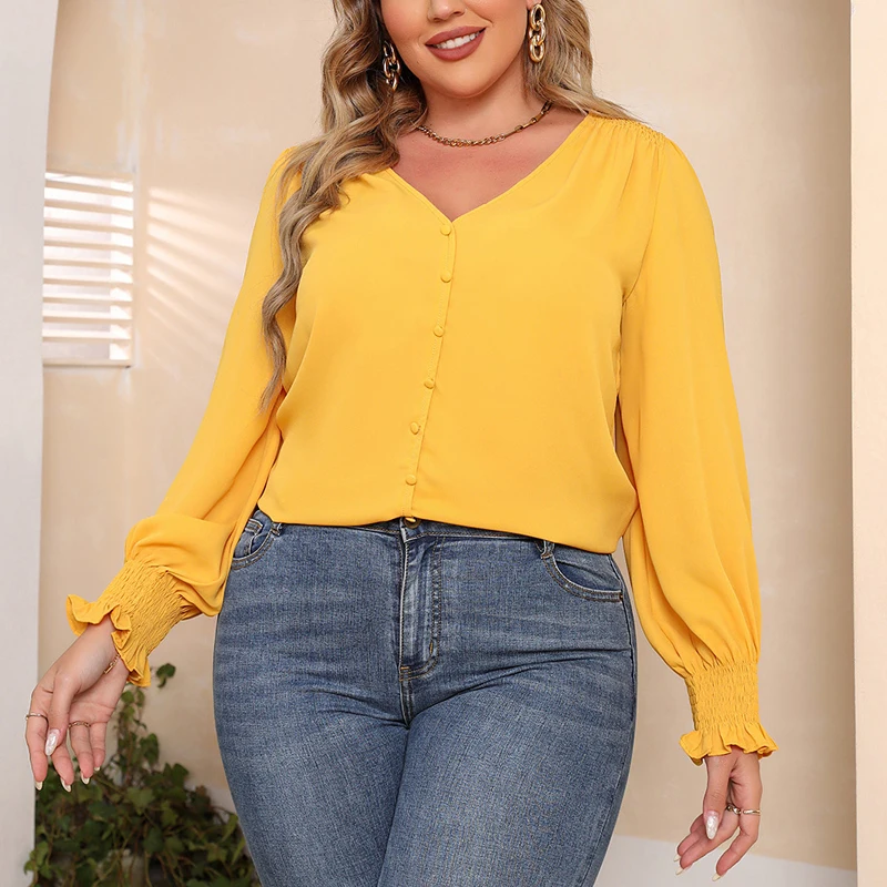 

Summer Big Size Women's Casual Loose V-Ne T-irt Blouse Top Street Sle Long Sve Polyester Blend Faion