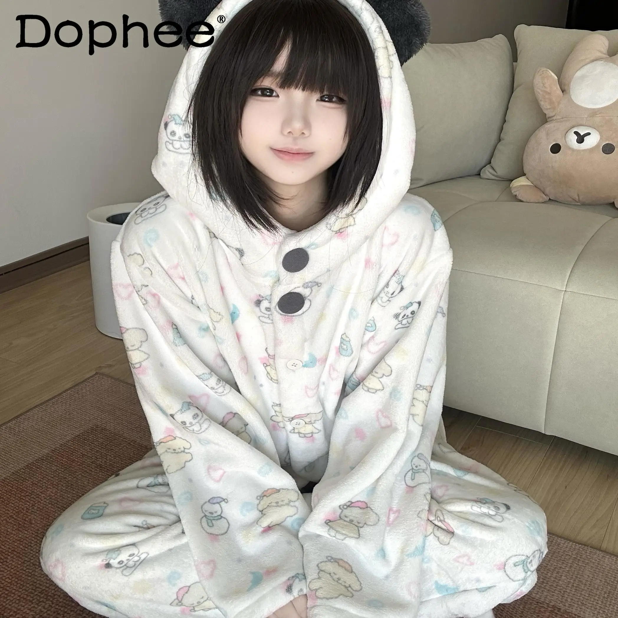 Autumn and Winter Warm Flannel Japanese Original Sweet Girl Loungewear Cute Cartoon Casual and Comfortable Long-sleeved Pajamas
