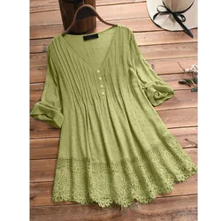 Plus Size Women's Summer Solid Cotton Linen Hollow Shirt Bust 126cm 2XL 3XL 4XL 5XL Loose V-Neck Pullover Top 8 Colors