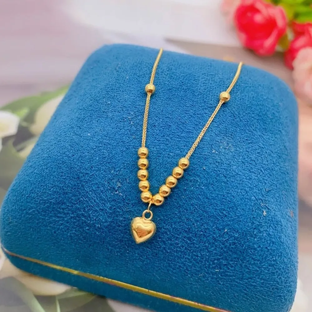 

Real Pure 18K Yellow Gold Chain Women Glossy Heart Beads Wheat Adjustable Necklace 42-45cm