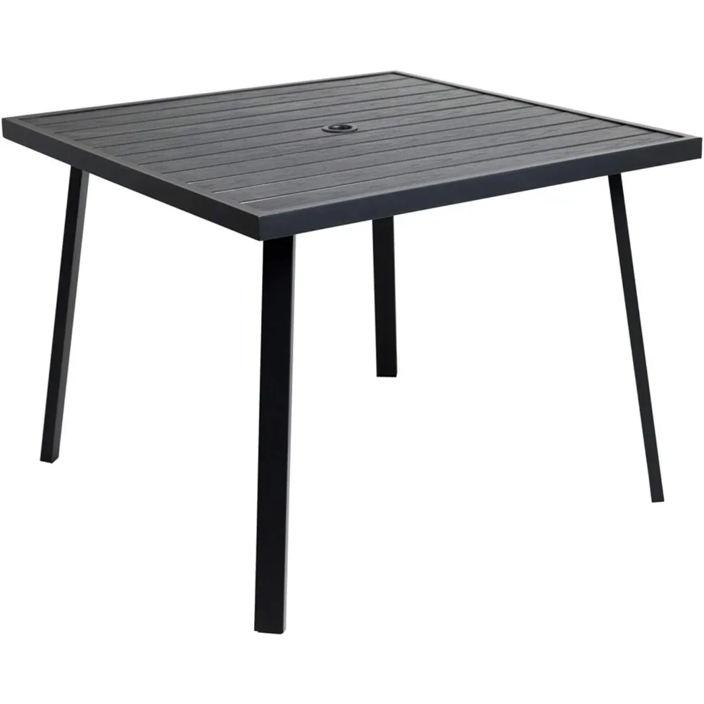 

Outdoor Dining Table With Umbrella Hole For Outside Patio, Metal, Square, Black|