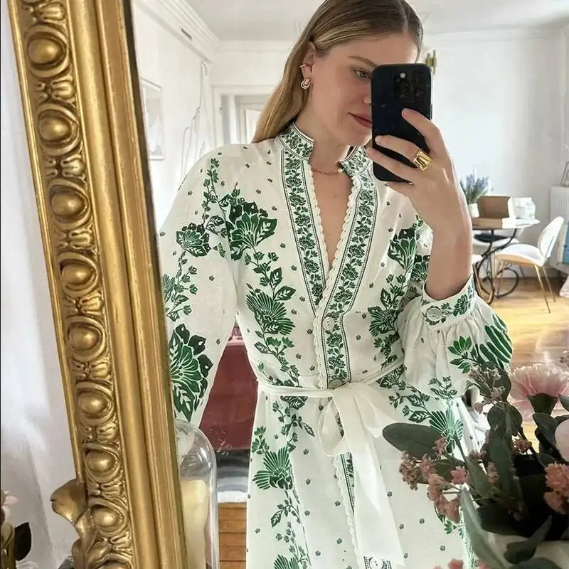 

Модное зеленое длинное платье с v-образным вырезом и принтом для женщин, повседневные курортные однобортные платья, элегантное платье с рукавами-фонариками, Vestido в стиле бохо