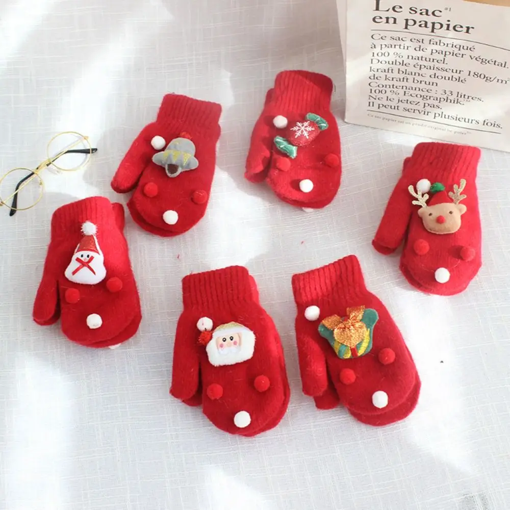 Soft Bell Snowman Present Elk Plus Velvet Women Knitted Gloves Full Fingers Gloves Christmas Kids Mittens Santa Claus Printed