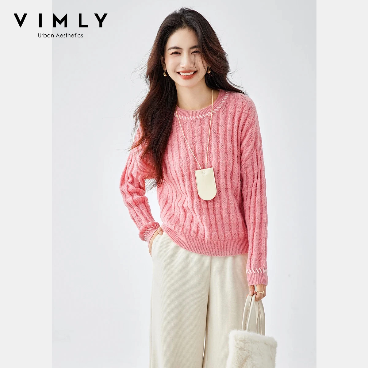 

VIMLY Women's Knitted Sweater Office Lady Oversize Long Sleeve Female Pullovers Casual Round Neck Strecth Ladies Jumpers 73227