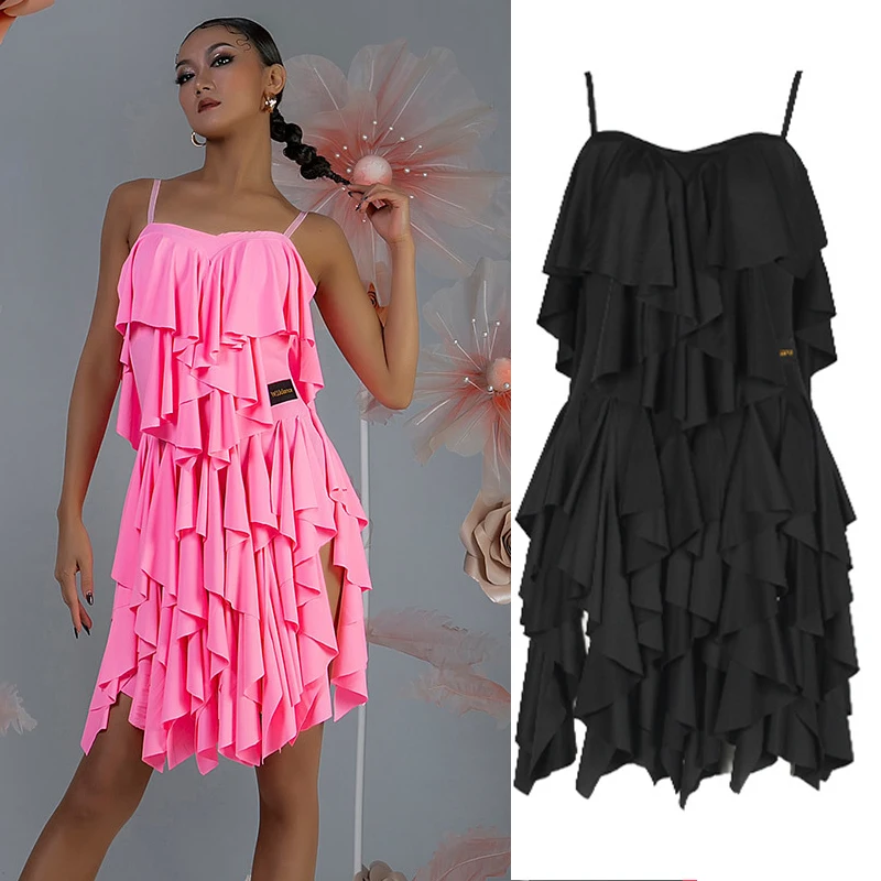 

2023 New Open-Back Ruffled Latin Dance Dress Women Pink Black Latin Dress Ballroom Dance Competition Dress Prom Dress SL8024