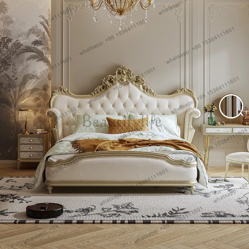 European style Premium luxury genuine leather Double bed 2 people full size bed frame bedroom beds furniture