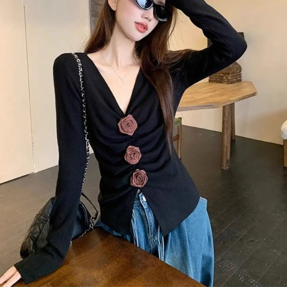 

Pleated Long Sleeved Knitwear Slim Fit Pullover 3D Rose Flower Top Autumn Spring Winter Bottoming Shirt Knitted Top for Women