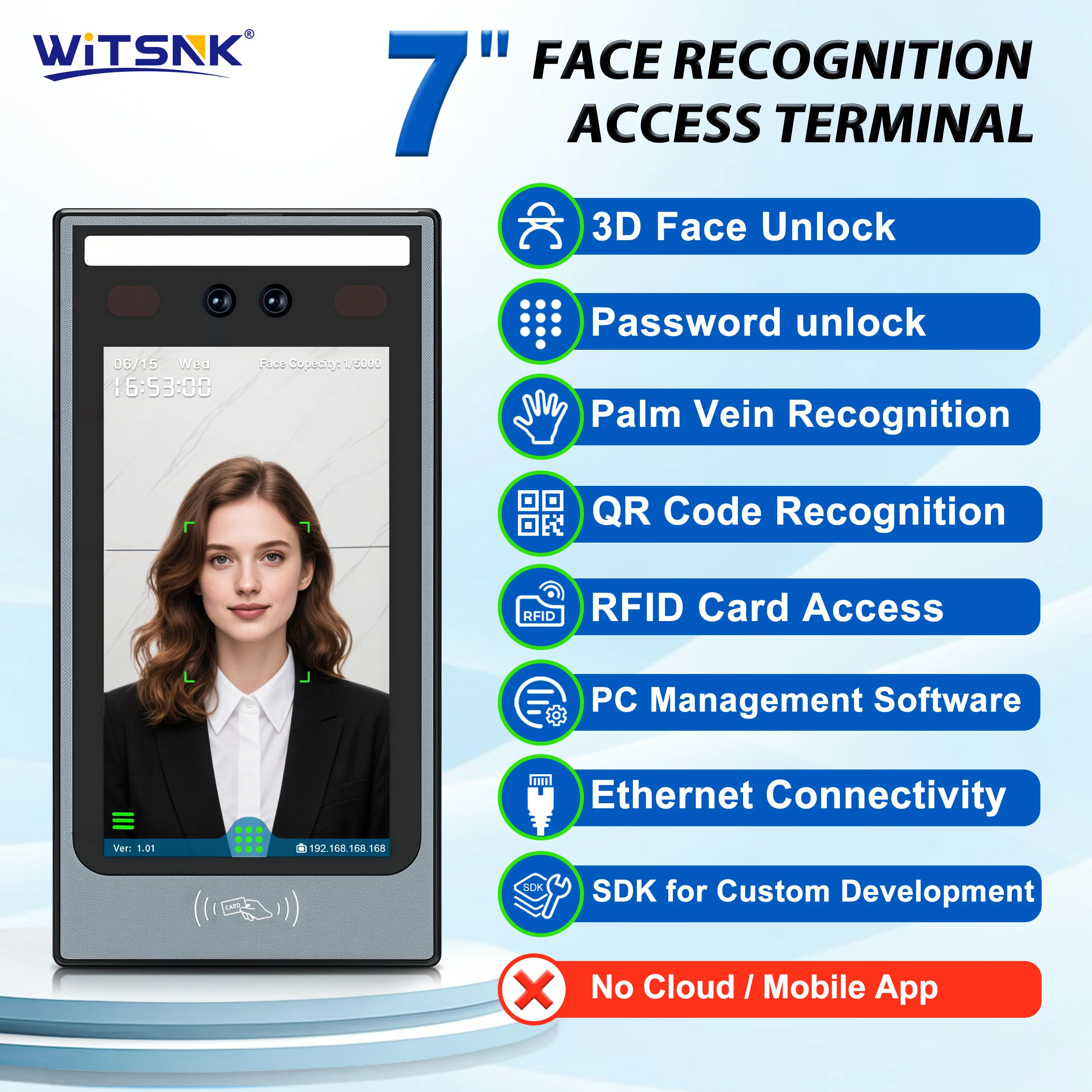 7-inch Biometric Face Recognition RFID Face Access Control system door Time Attendance Terminal Standalone Device PC Software