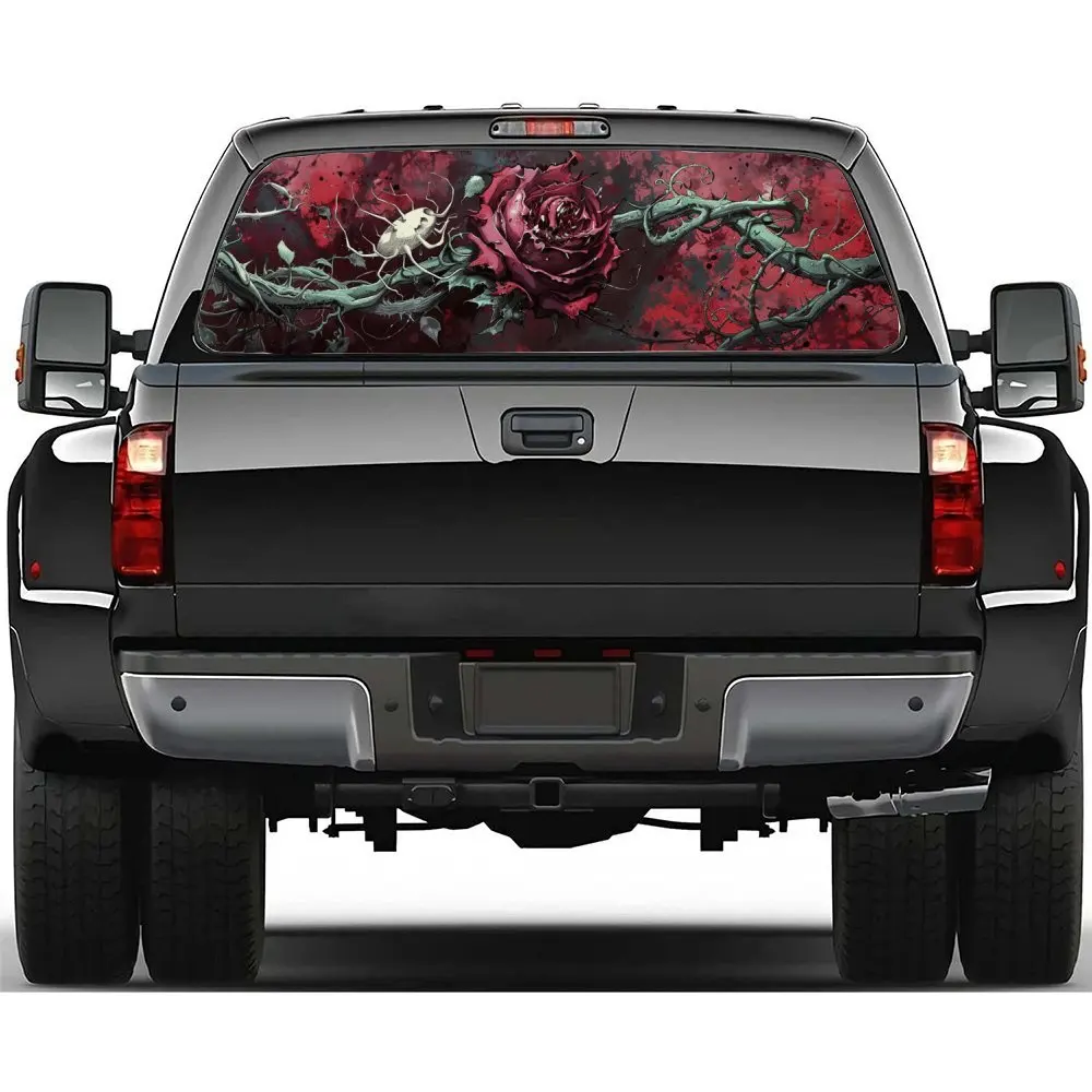 

Dark Rose Skull Blossom Car Accessories Rear Windshield Sticker, Truck Window See Through Perforated Window Car Vinyl Wraps Deca