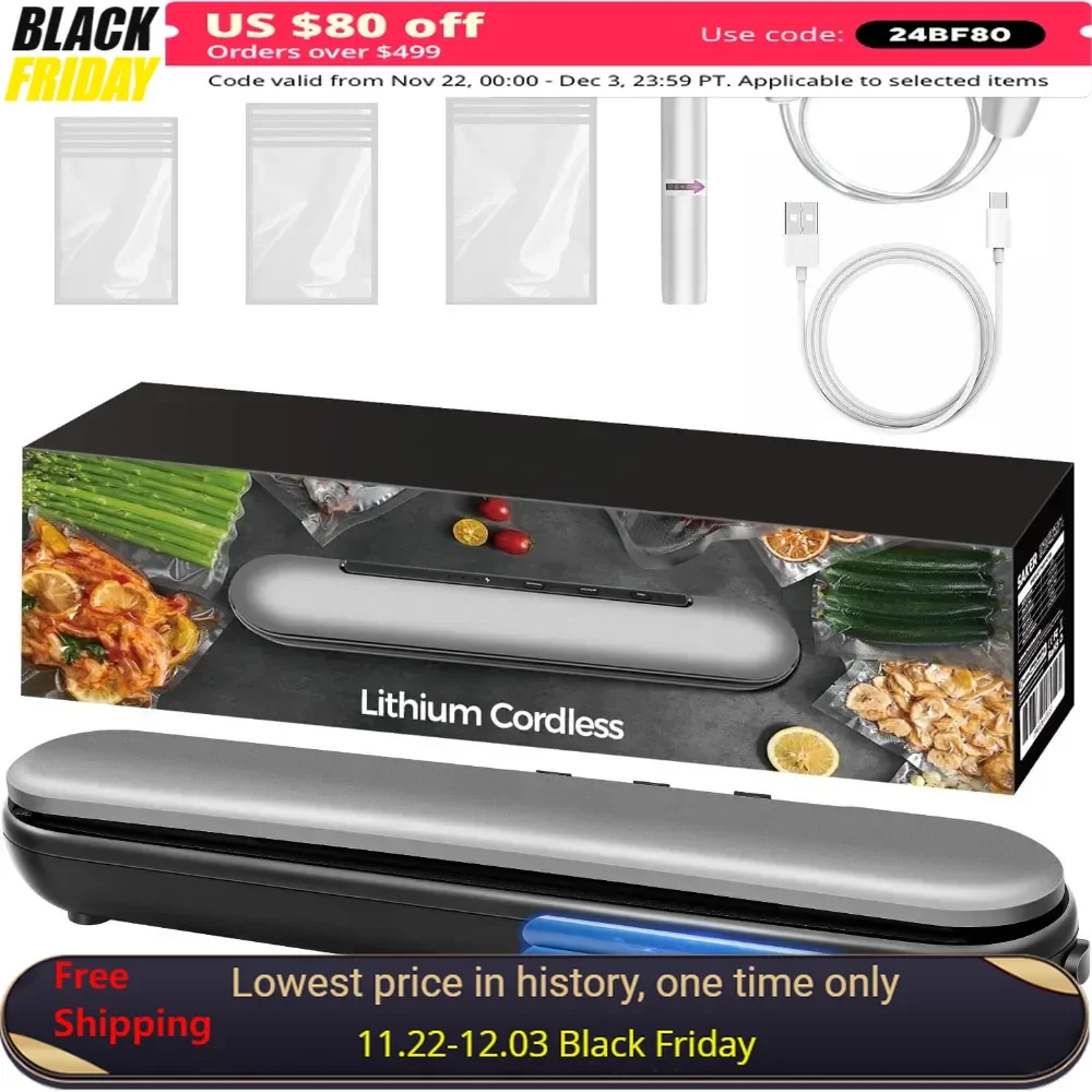 Vacuum Sealer Machine with Vacuum Bags & Build-in Cutter, Lithium Cordless, Automatic Vacuum Food Sealers