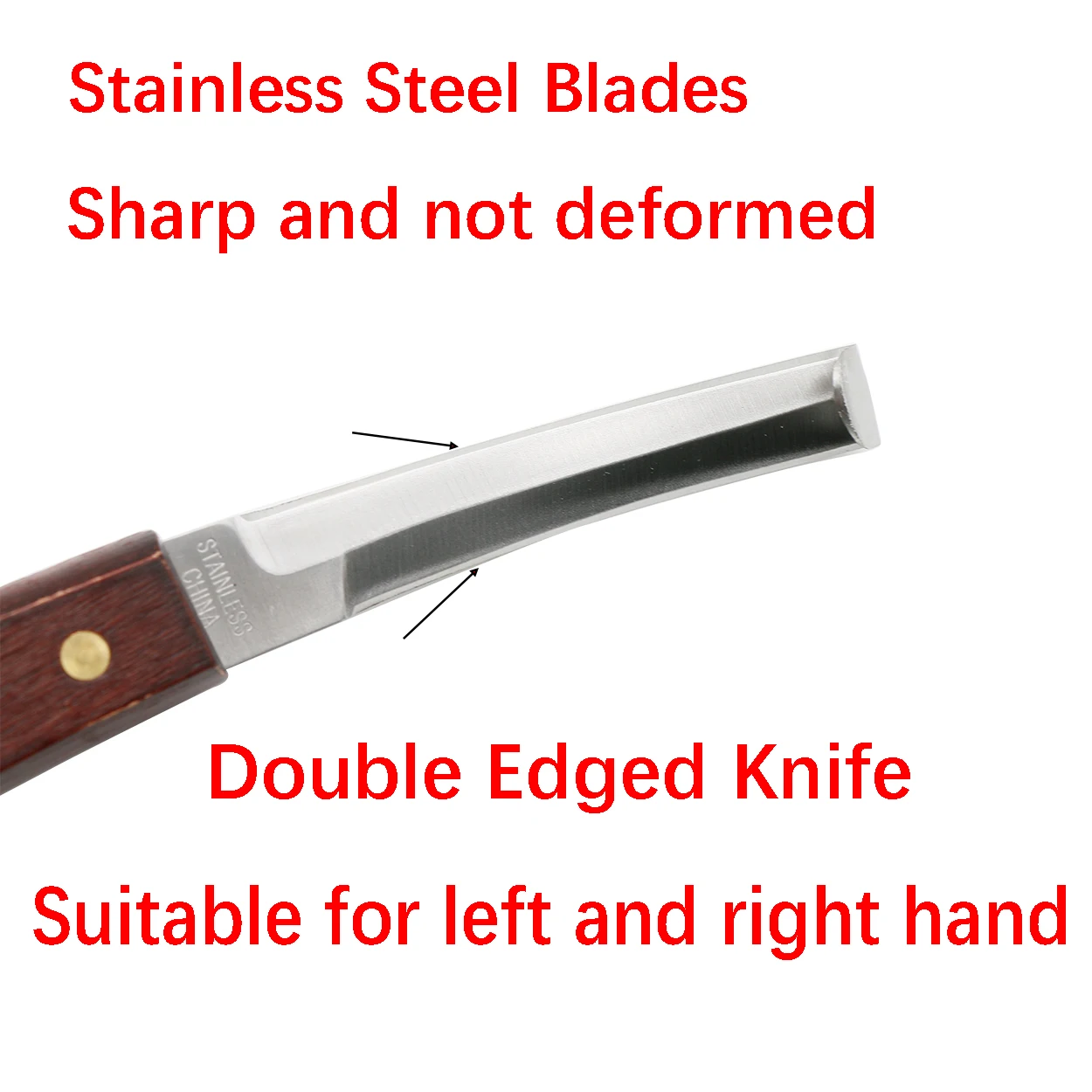 Cuchillo de pezuña de acero inoxidable de 8 pulgadas, cuchillas de doble filo, cuchillos de recorte de pezuña con mango de madera, herramienta de